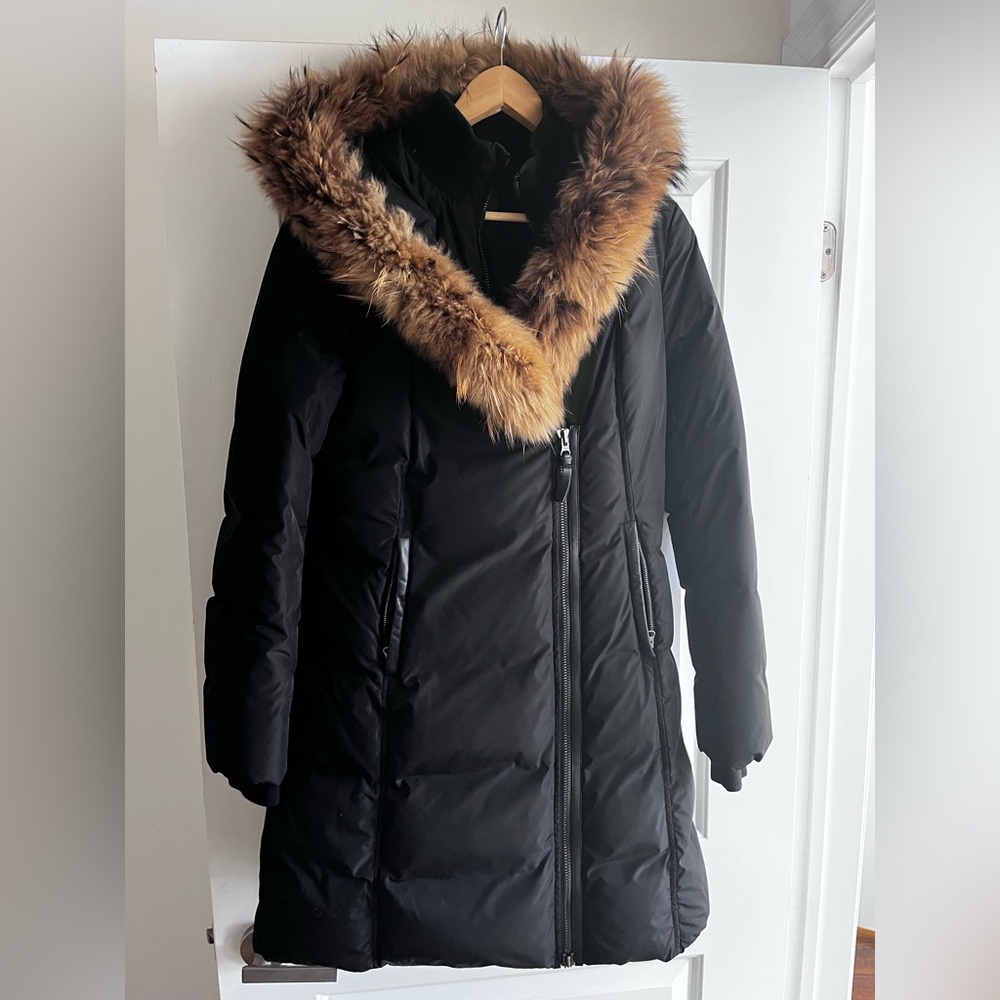 mackage kay down coat with natural fur - signature mackage collar - size large